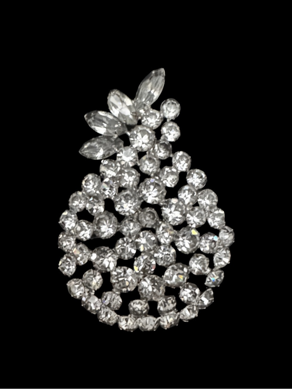 Vintage Crystal Teardrop Statement Brooch - Silver Clear